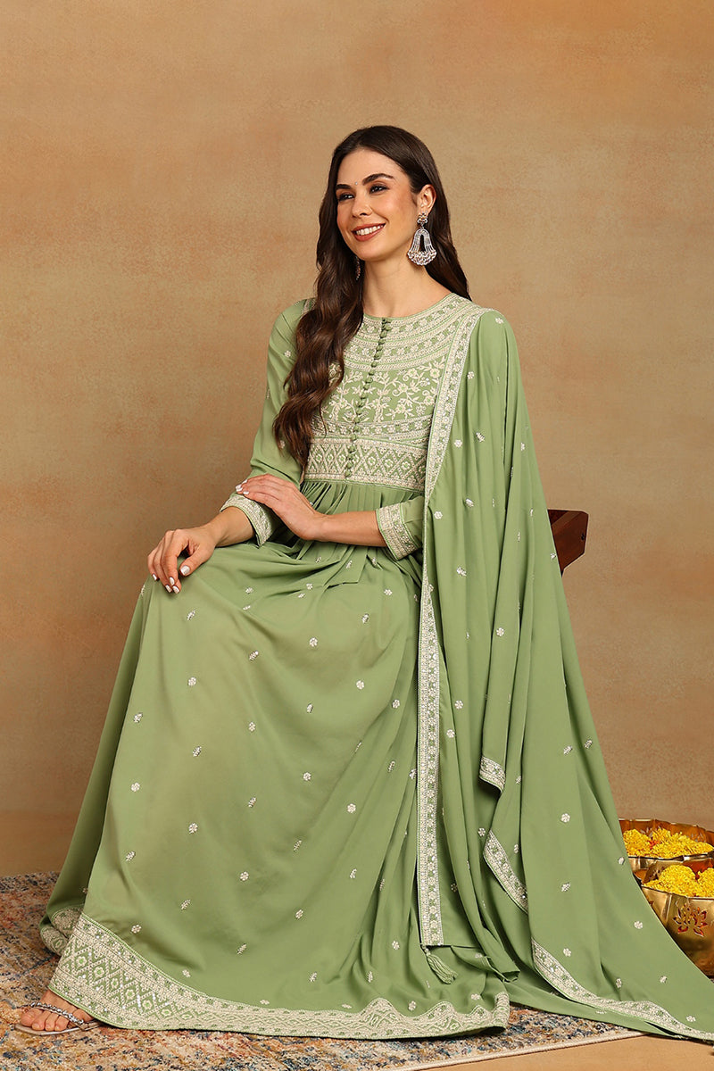 Green Georgette Embroidered Thread Work Flared Kurta Set VKSET1491