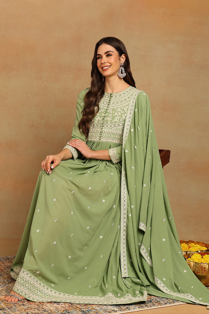 Green Georgette Embroidered Thread Work Flared Kurta Set VKSET1491