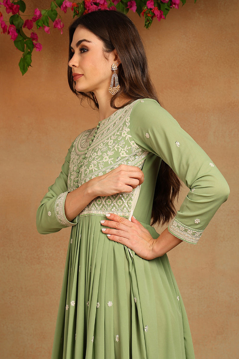 Plus Size Green Georgette Embroidered Thread Work Flared Kurta Set VKSET1491