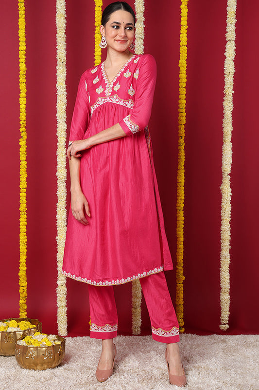 Pink Silk Blend Solid Embroidered Flared Kurta Set VKSET1498