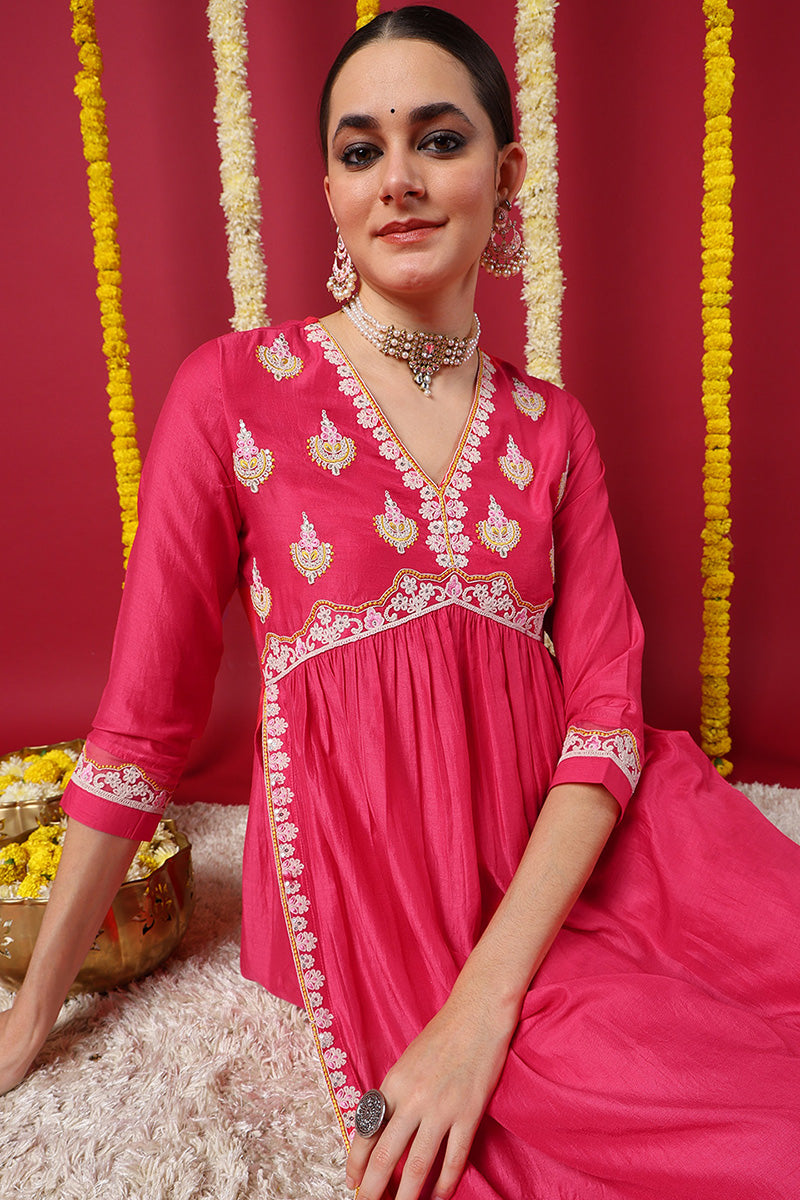 Pink Silk Blend Solid Embroidered Flared Kurta Set VKSET1498