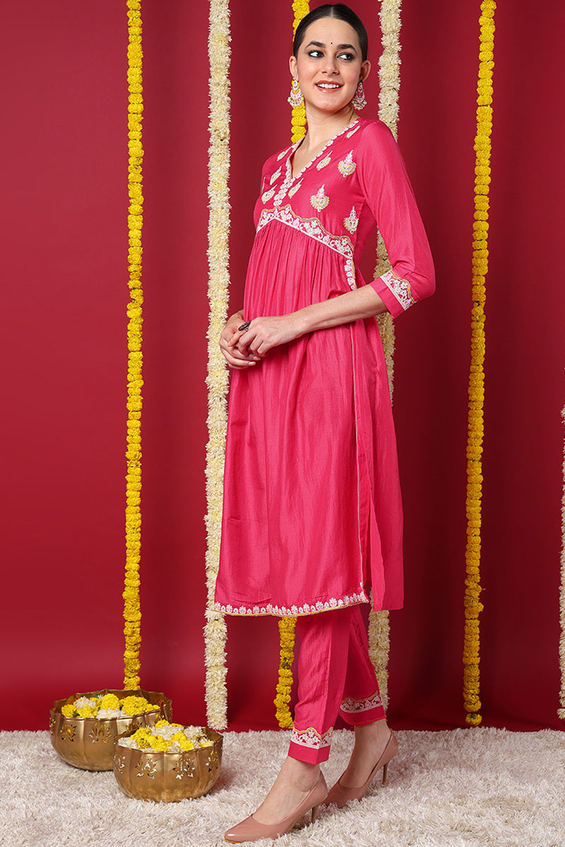 Pink Silk Blend Solid Embroidered Flared Kurta Set VKSET1498