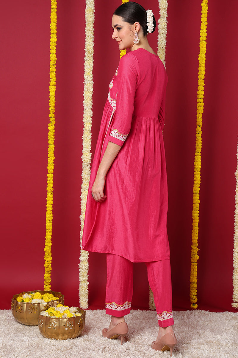 Pink Silk Blend Solid Embroidered Flared Kurta Set VKSET1498