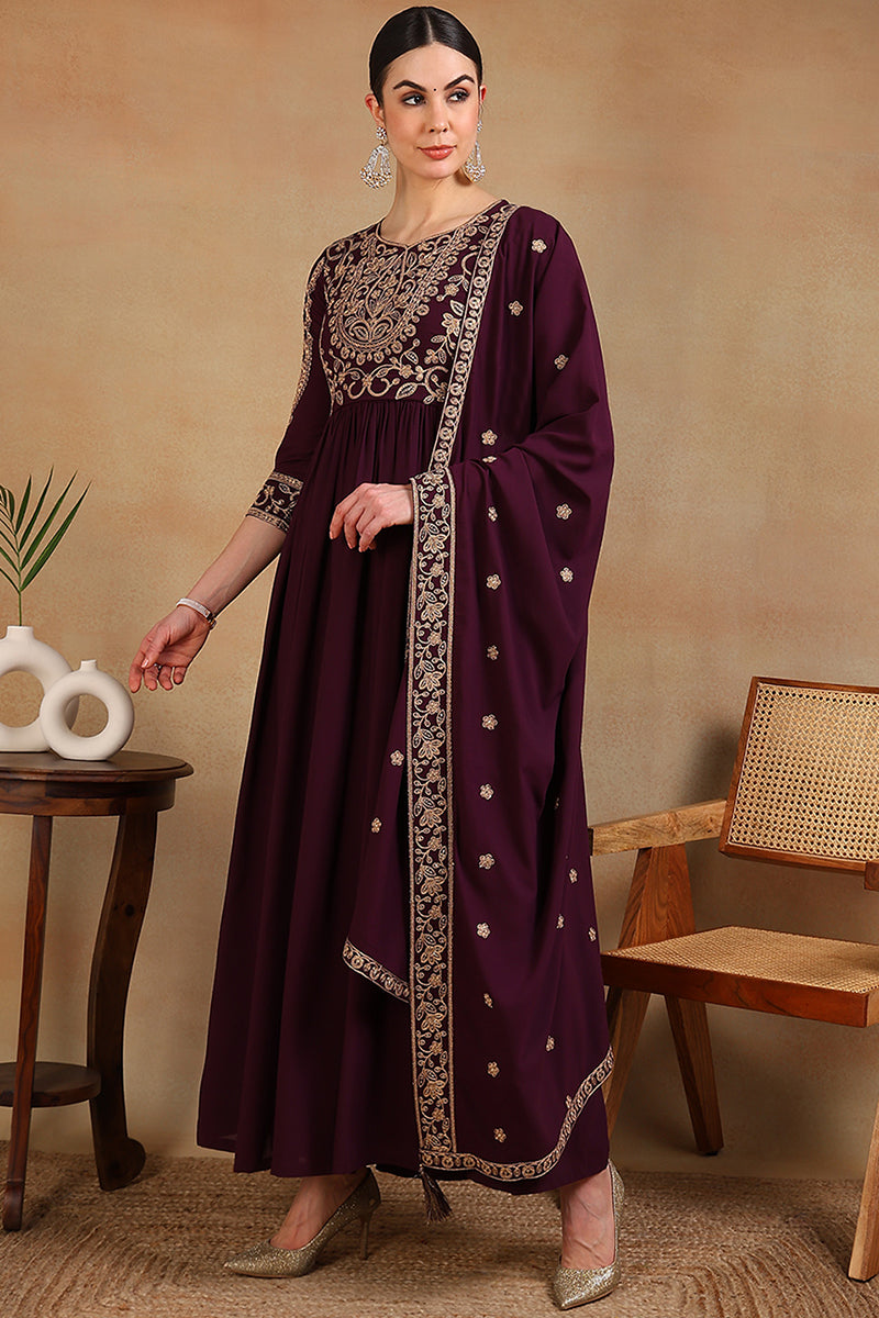 Maroon Poly Georgette Embroidered Anarkali Kurta Set VKSET1513