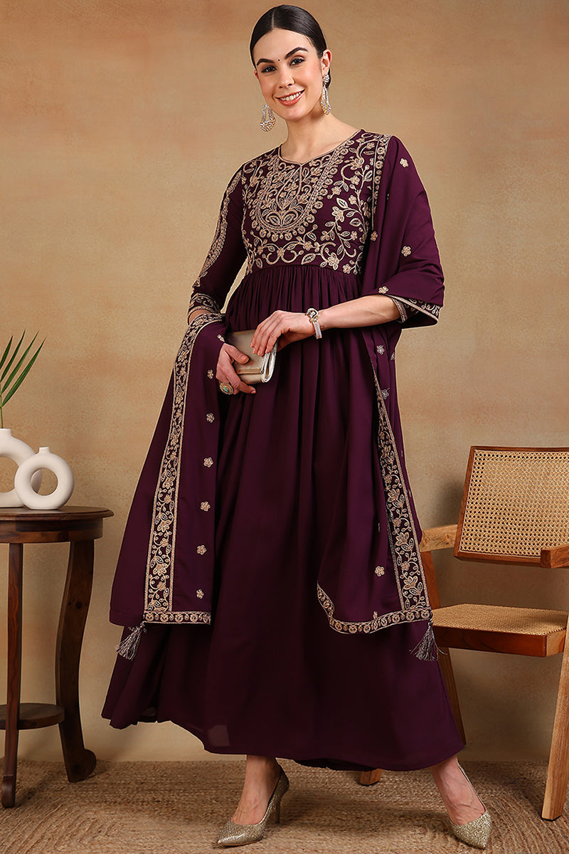 Maroon Poly Georgette Embroidered Anarkali Kurta Set VKSET1513