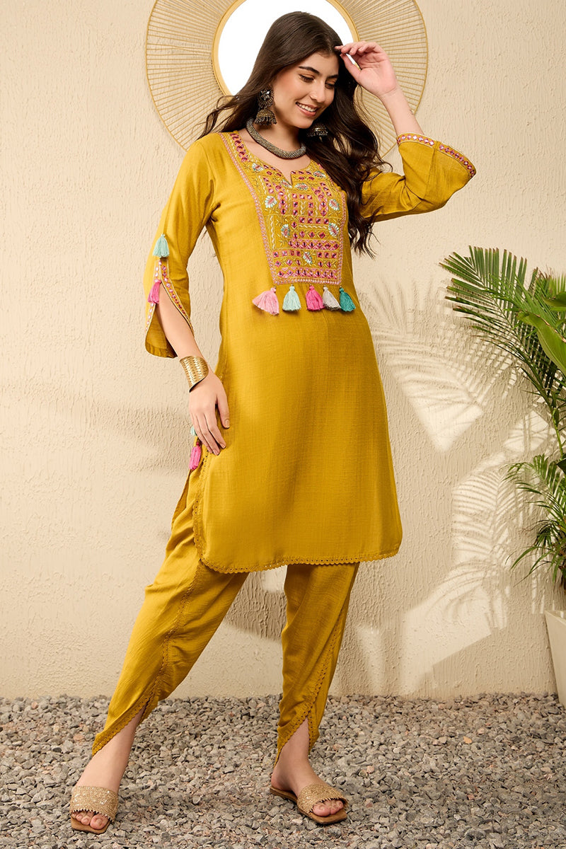 Mustard Viscose Rayon Solid Embroidered Straight Dhoti Pant Kurta Set VKSET1524