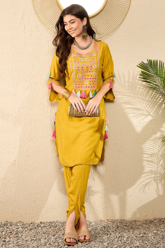 Mustard Viscose Rayon Solid Embroidered Straight Dhoti Pant Kurta Set VKSET1524