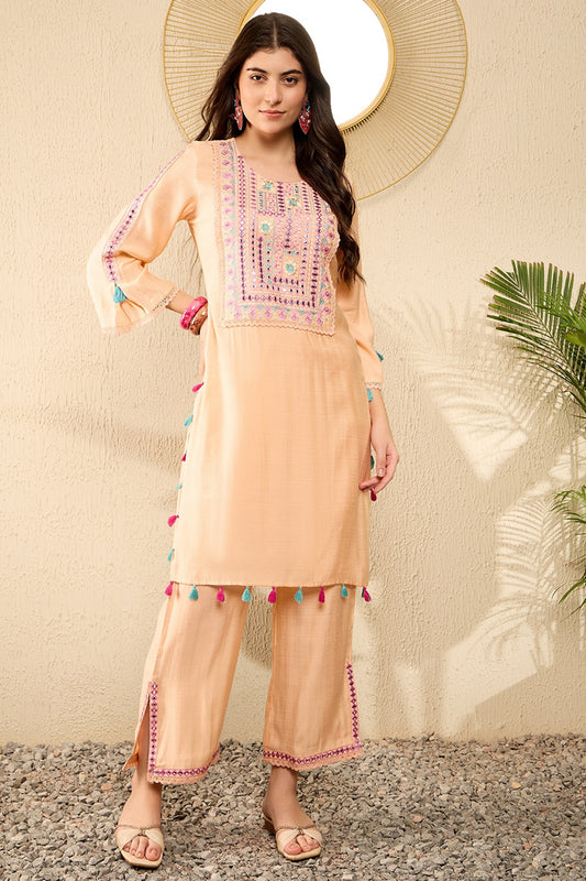 Peach Viscose Rayon Solid Embroidered Straight Trouser Kurta Set VKSET1525