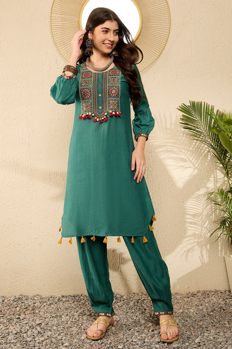 Teal Viscose Rayon Solid Embroidered Straight Salwar Kurta Set VKSET1526