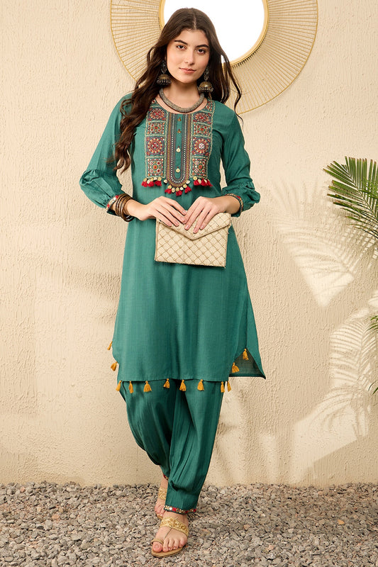 Teal Viscose Rayon Solid Embroidered Straight Salwar Kurta Set VKSET1526