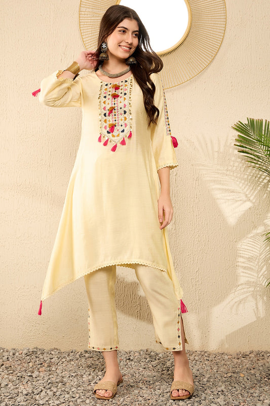 Yellow Viscose Rayon Solid Embroidered A-Line Trouser Kurta Set VKSET1529