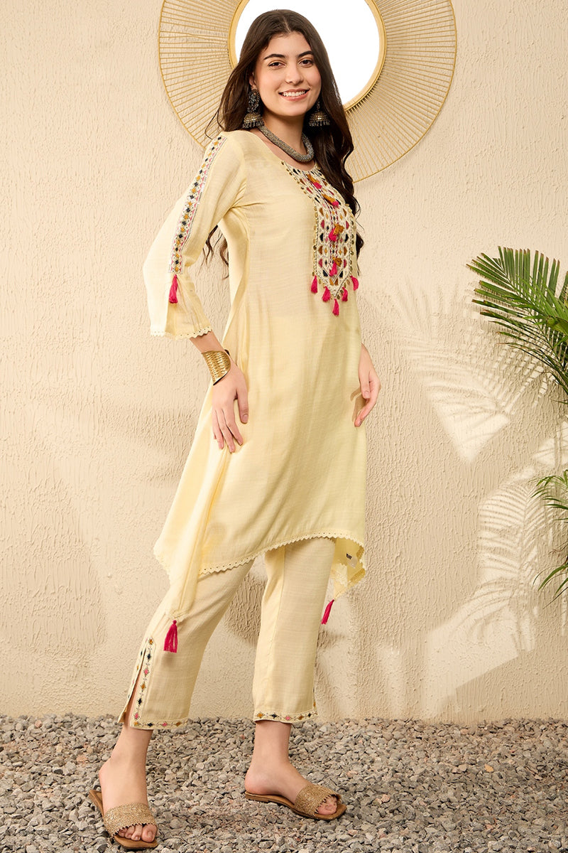 Yellow Viscose Rayon Solid Embroidered A-Line Trouser Kurta Set VKSET1529