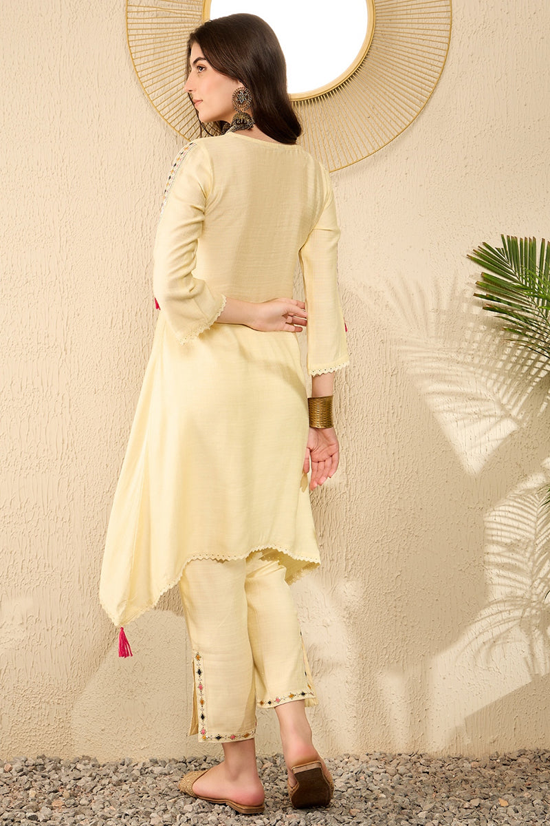 Yellow Viscose Rayon Solid Embroidered A-Line Trouser Kurta Set VKSET1529