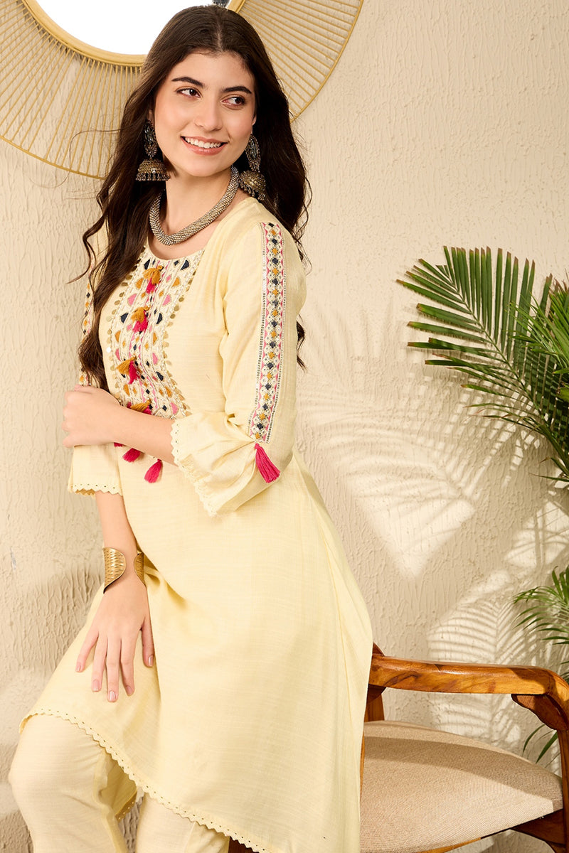 Yellow Viscose Rayon Solid Embroidered A-Line Trouser Kurta Set VKSET1529