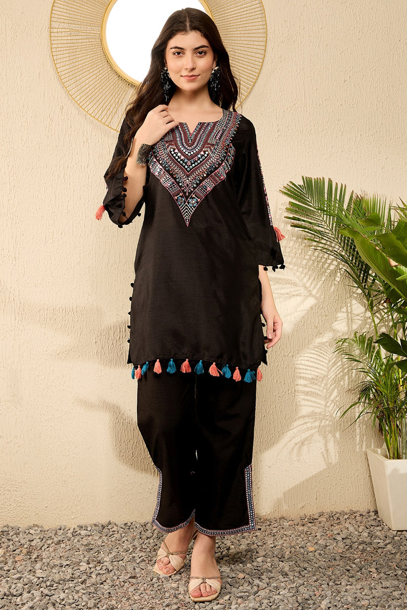 Black Viscose Rayon Solid Embroidered Straight Trouser Kurta Set VKSET1530