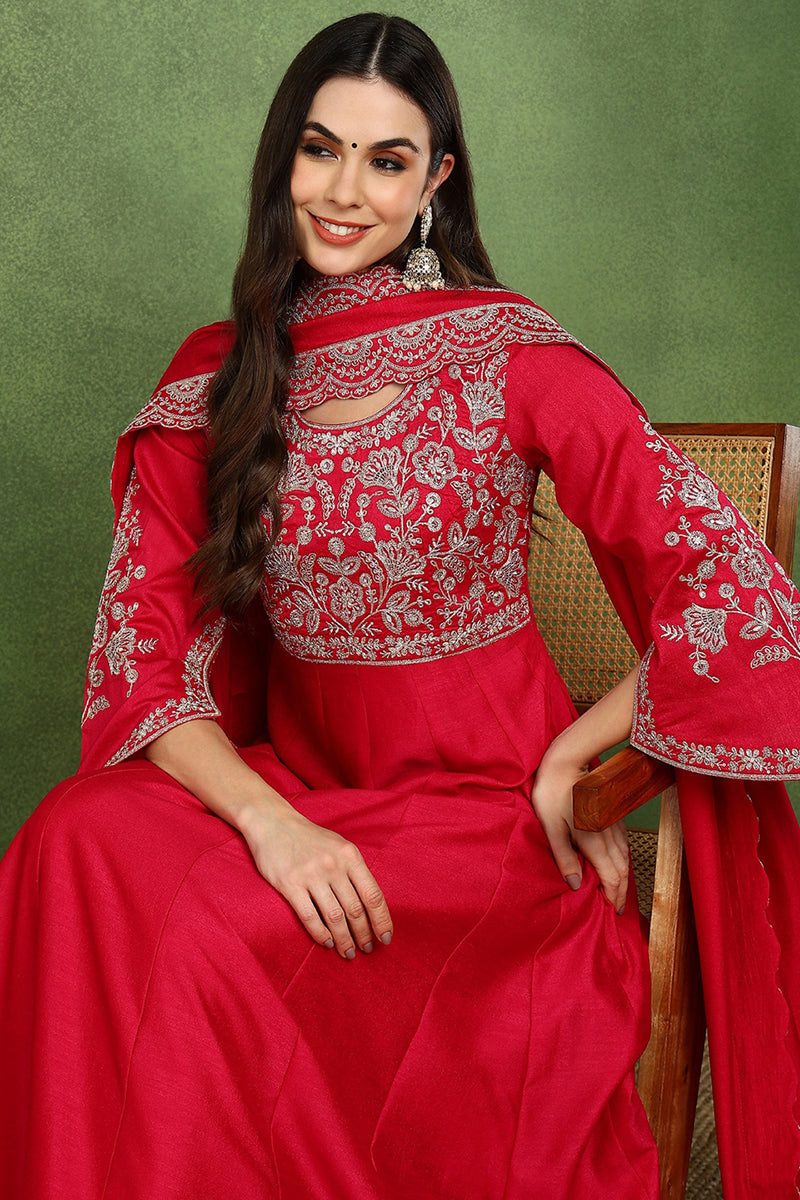 Pink Silk Blend Solid Embroidered Anarkali Kurta Set VKSET1535
