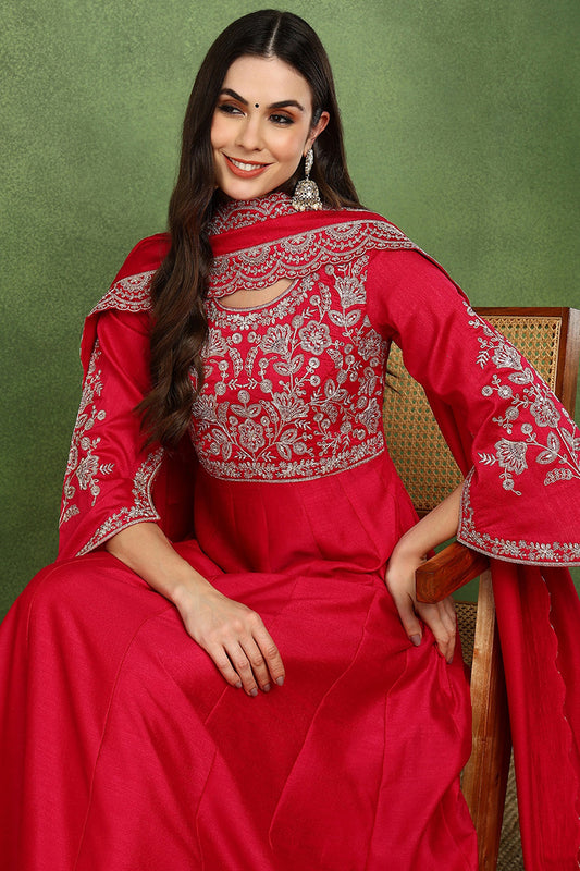 Pink Silk Blend Solid Embroidered Anarkali Kurta Set VKSET1535