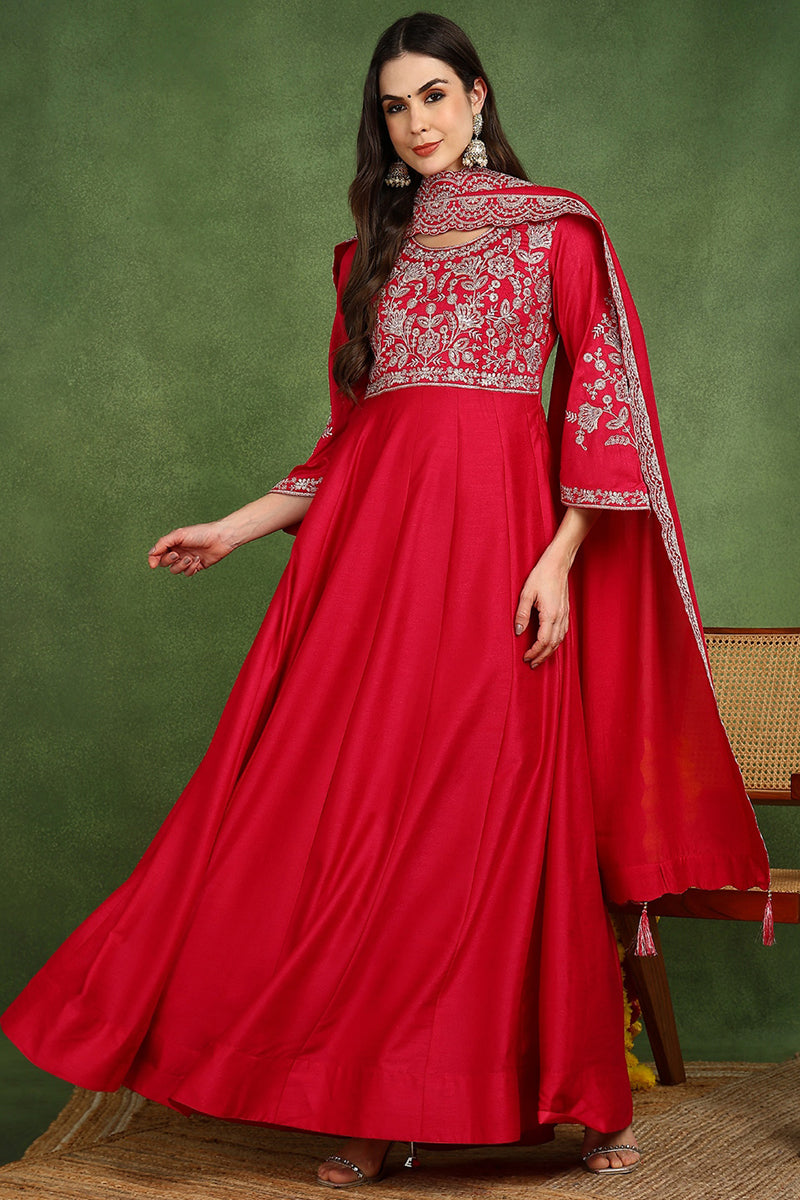 Pink Silk Blend Solid Embroidered Anarkali Kurta Set VKSET1535