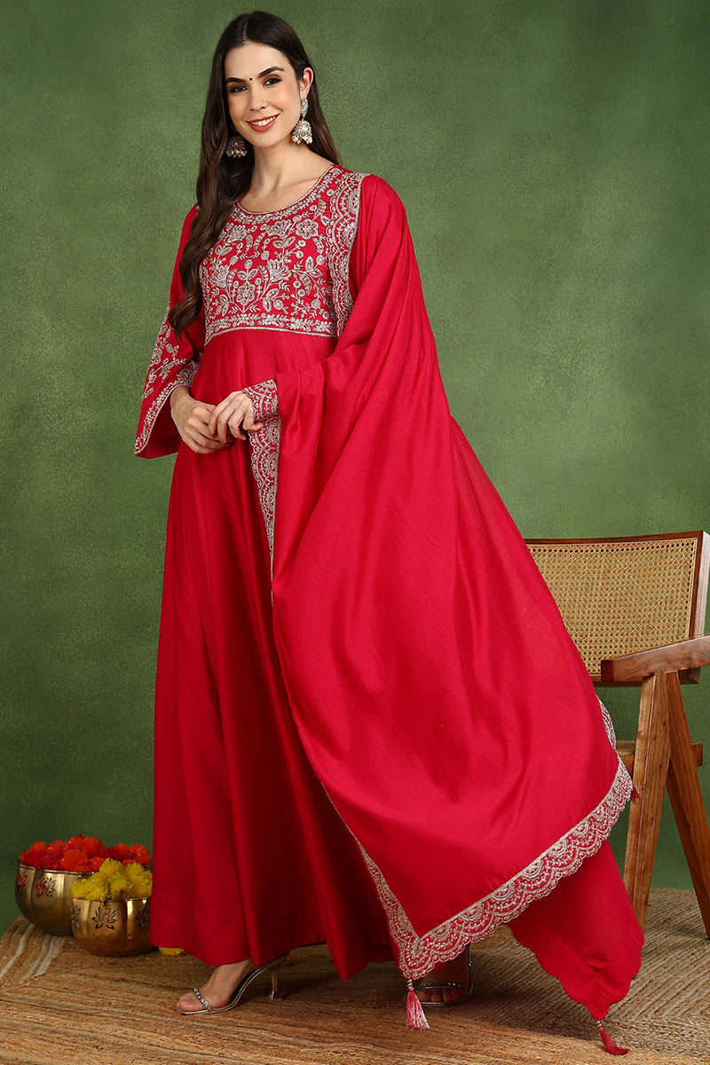 Pink Silk Blend Solid Embroidered Anarkali Kurta Set VKSET1535