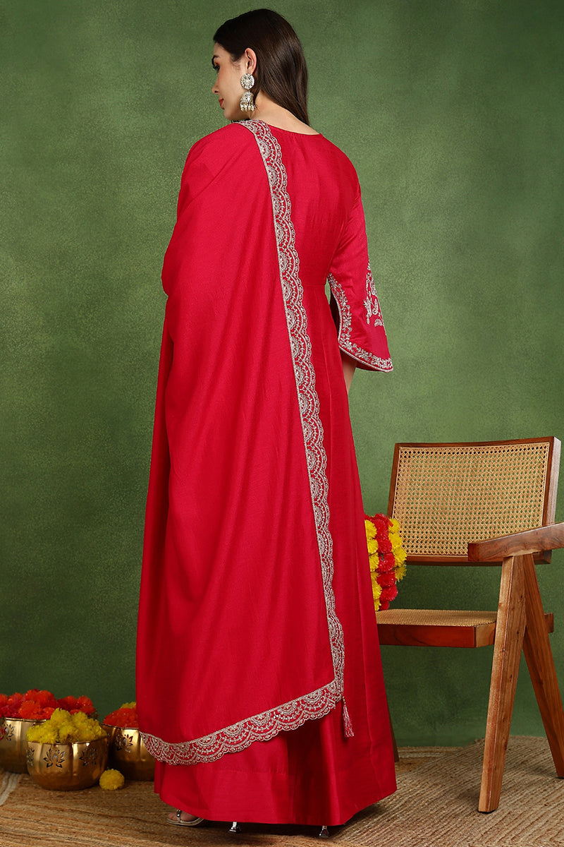 Pink Silk Blend Solid Embroidered Anarkali Kurta Set VKSET1535