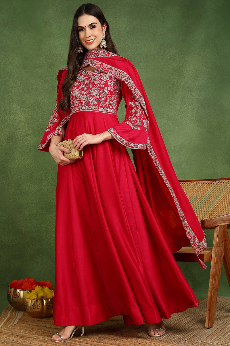 Pink Silk Blend Solid Embroidered Anarkali Kurta Set VKSET1535