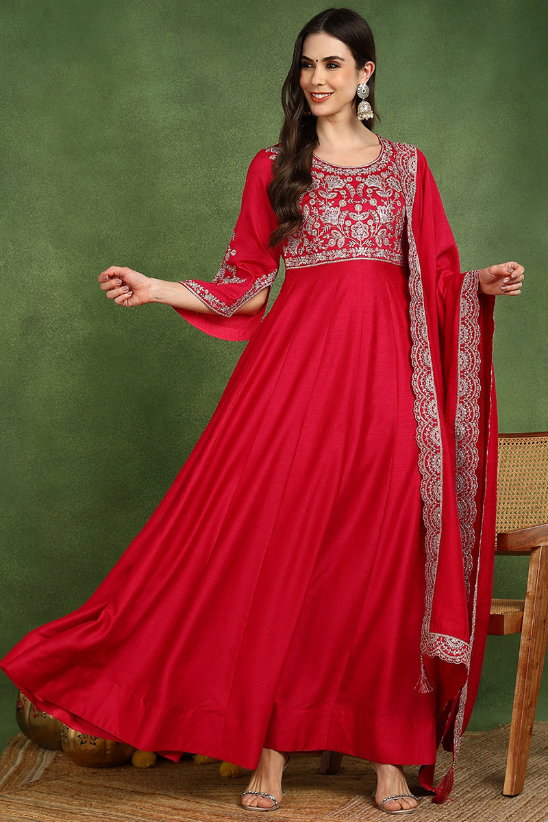 Pink Silk Blend Solid Embroidered Anarkali Kurta Set VKSET1535