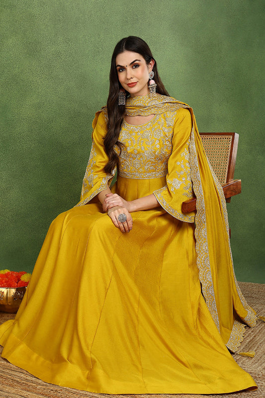 Mustard Yellow Silk Blend Solid Embroidered Anarkali Kurta Set VKSET1536