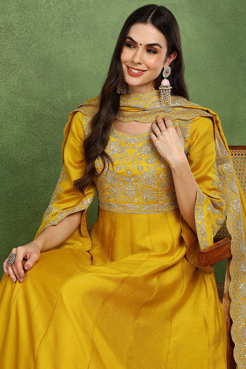 Mustard Yellow Silk Blend Solid Embroidered Anarkali Kurta Set VKSET1536