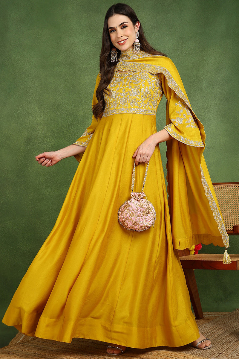 Mustard Yellow Silk Blend Solid Embroidered Anarkali Kurta Set VKSET1536