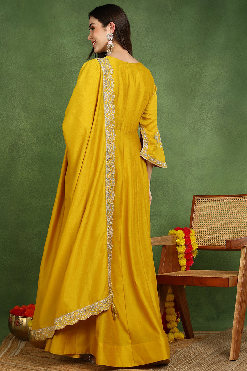 Mustard Yellow Silk Blend Solid Embroidered Anarkali Kurta Set VKSET1536