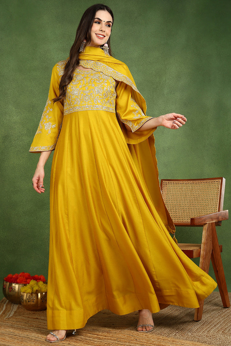 Mustard Yellow Silk Blend Solid Embroidered Anarkali Kurta Set VKSET1536