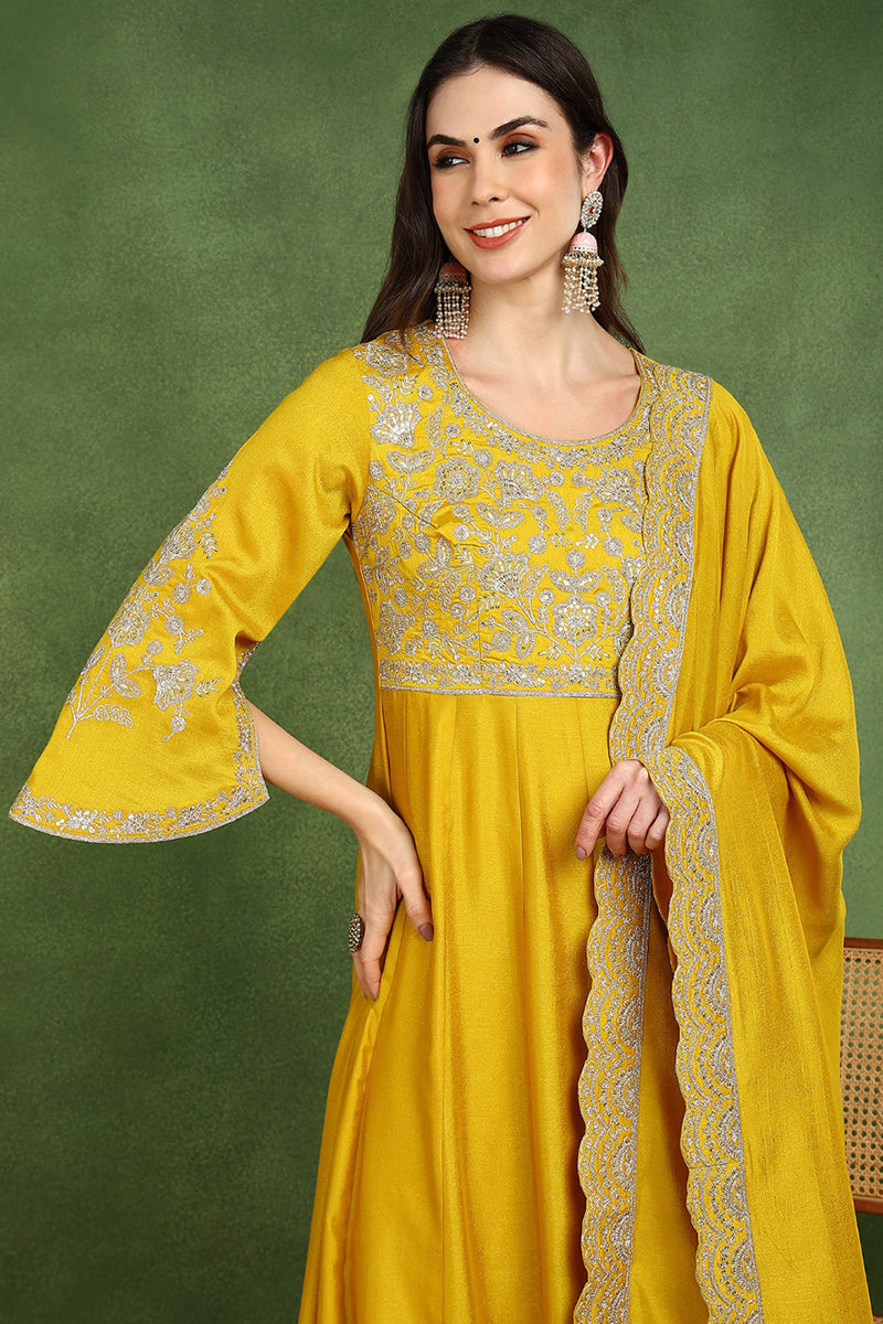 Mustard Yellow Silk Blend Solid Embroidered Anarkali Kurta Set VKSET1536