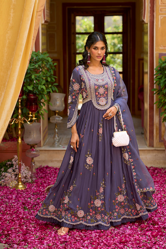 Purple Silk Blend Solid Embroidered Anarkali Gown with Dupatta VKSET1540