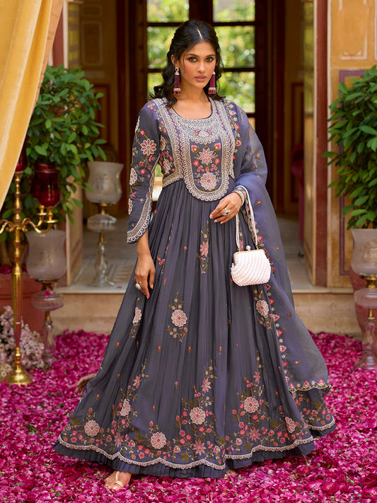 Purple Silk Blend Solid Embroidered Anarkali Gown with Dupatta VKSET1540