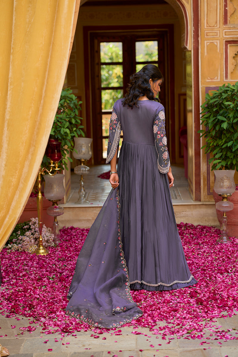Purple Silk Blend Solid Embroidered Anarkali Gown with Dupatta VKSET1540