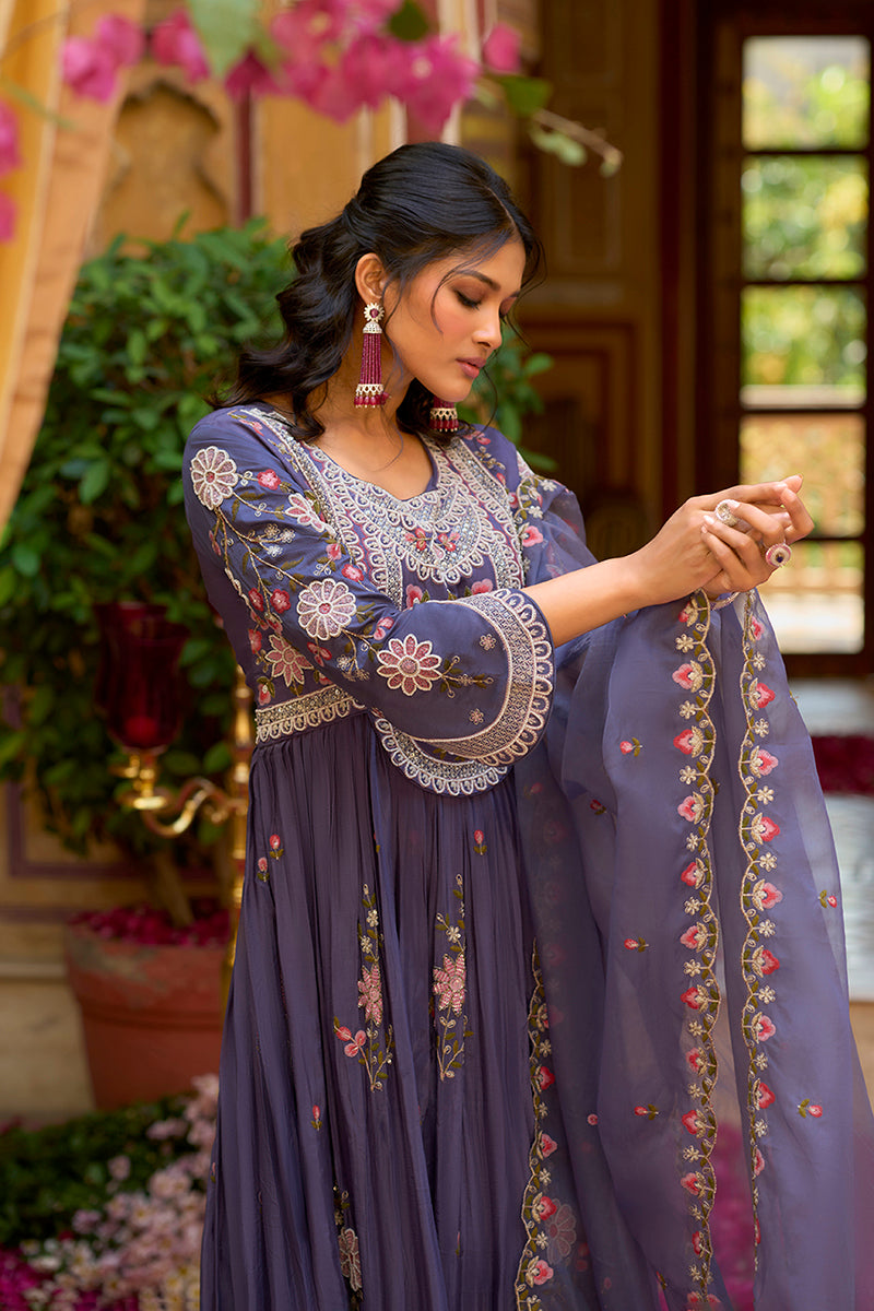 Purple Silk Blend Solid Embroidered Anarkali Gown with Dupatta VKSET1540