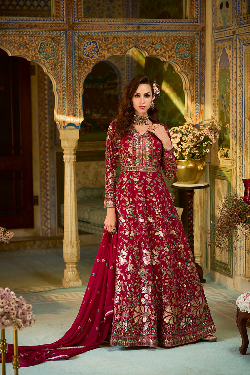 Pink Georgette Solid Embroidered Anarkali Gown with Dupatta VKSET1545