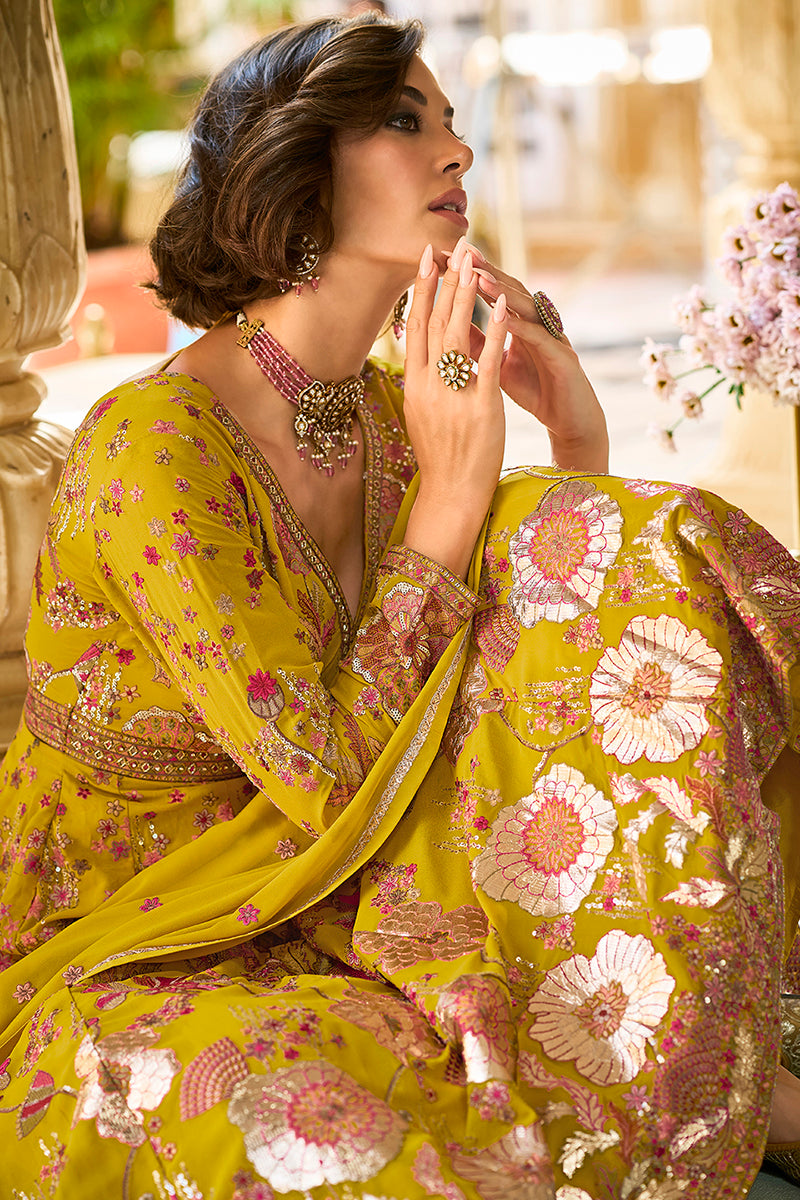 Mustard Georgette Solid Embroidered Anarkali Gown with Dupatta VKSET1553