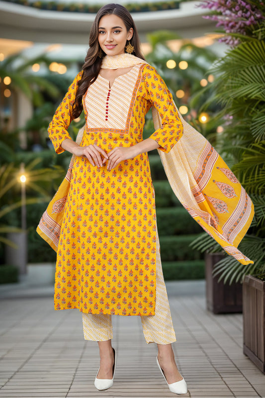 Yellow Rayon Blend Straight Suit Set VKSKD1042