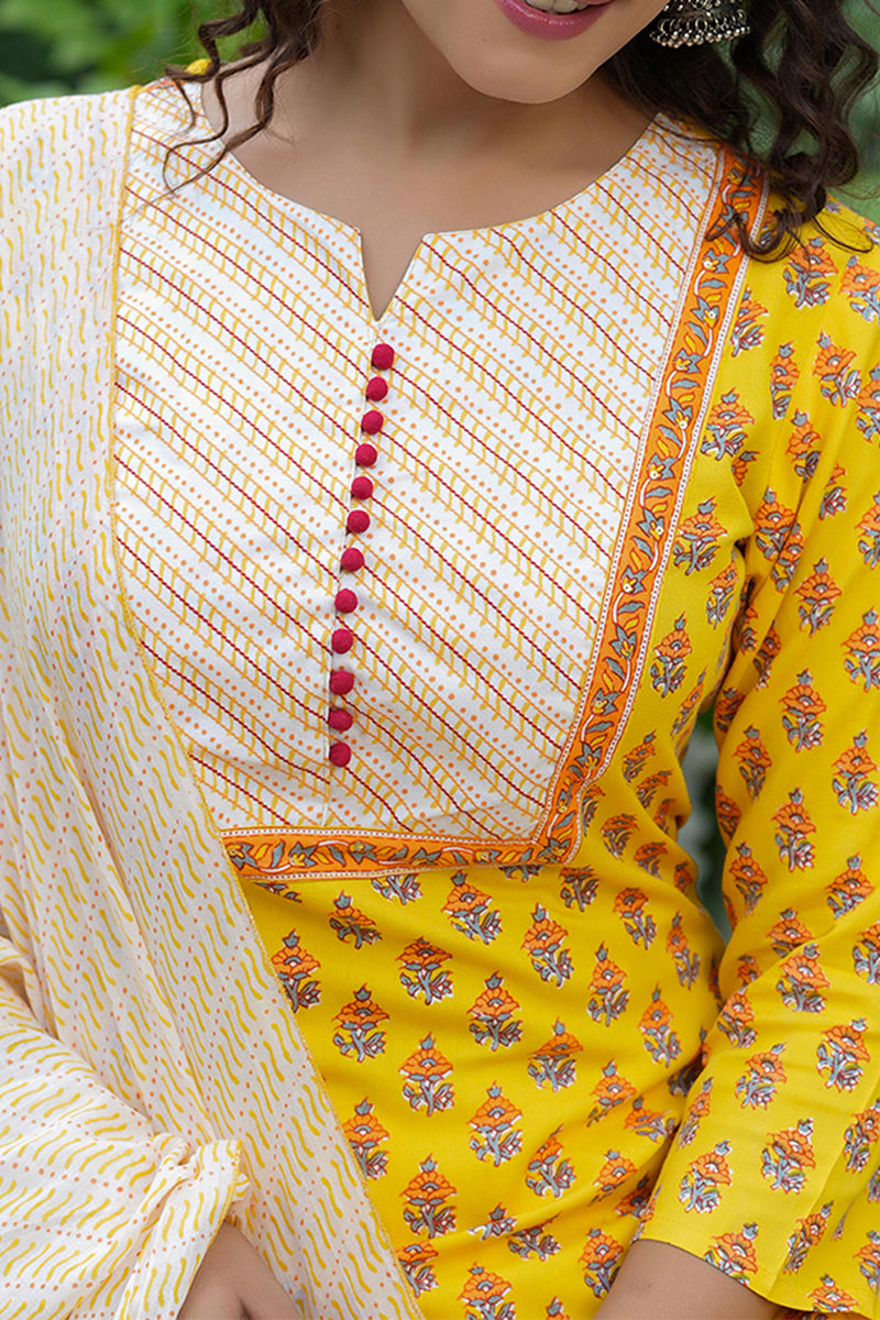 Yellow Rayon Blend Straight Suit Set VKSKD1042