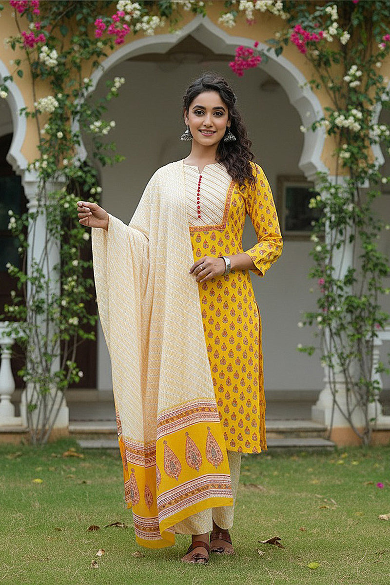 Yellow Rayon Blend Straight Suit Set VKSKD1042