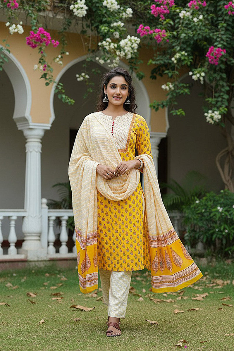 Yellow Rayon Blend Straight Suit Set VKSKD1042