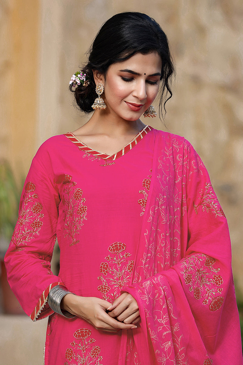 Pink Cotton Straight Suit Set VKSKD1056