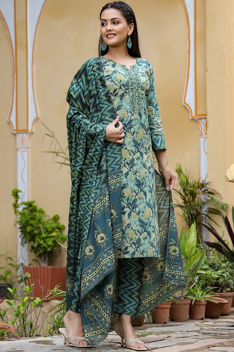 Rayon Blend Teal Ethnic Motifs Printed Straight Kurta Palazzo Dupatta Set VKSKD1091