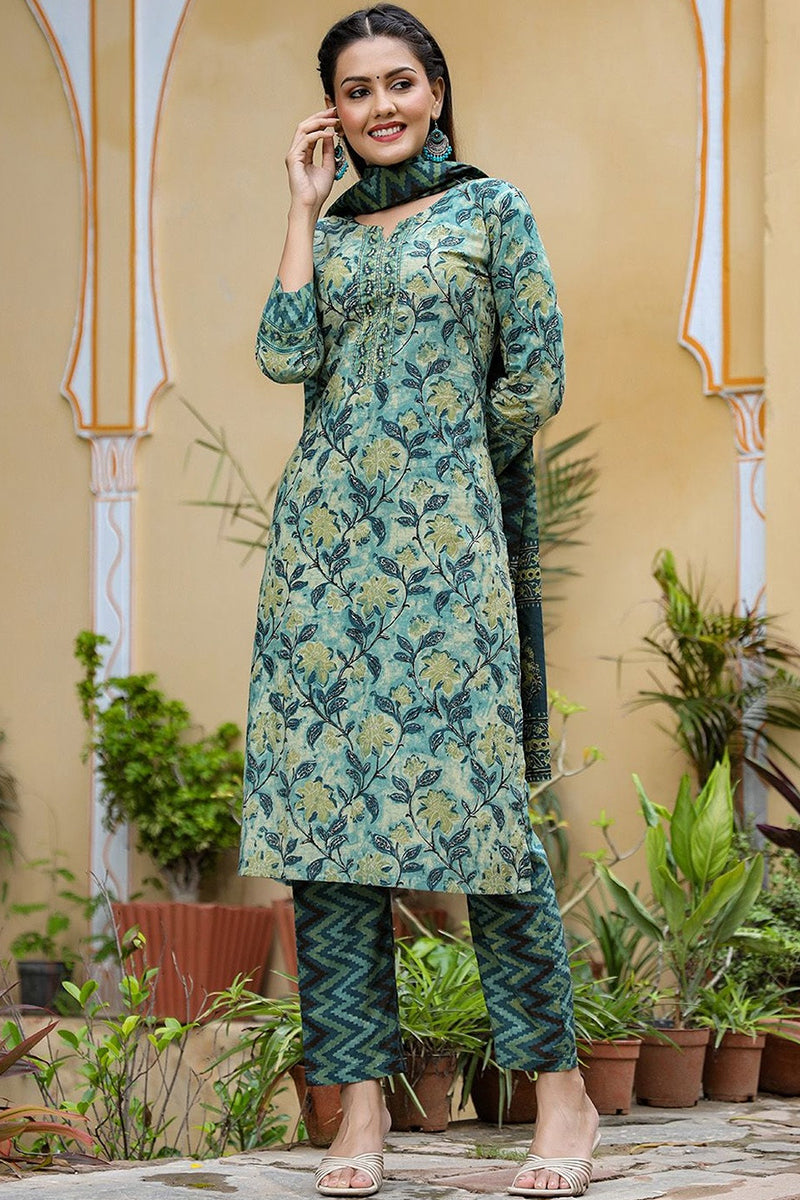 Rayon Blend Teal Ethnic Motifs Printed Straight Kurta Palazzo Dupatta Set VKSKD1091