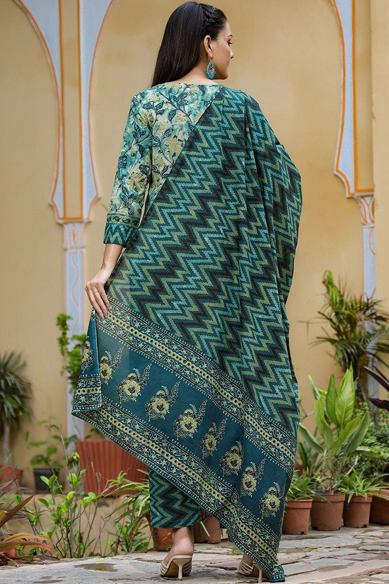 Rayon Blend Teal Ethnic Motifs Printed Straight Kurta Palazzo Dupatta Set VKSKD1091