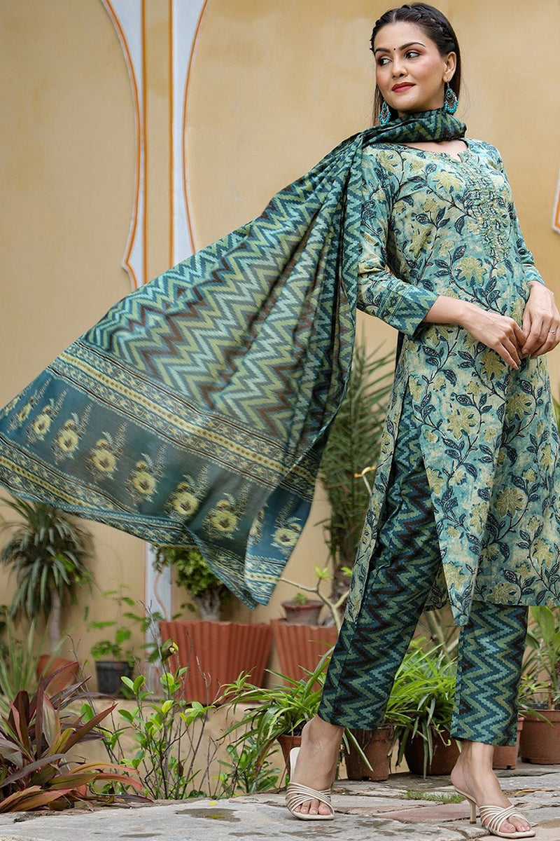 Rayon Blend Teal Ethnic Motifs Printed Straight Kurta Palazzo Dupatta Set VKSKD1091