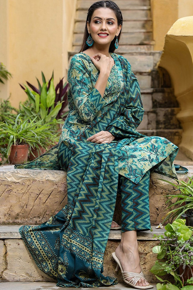 Rayon Blend Teal Ethnic Motifs Printed Straight Kurta Palazzo Dupatta Set VKSKD1091