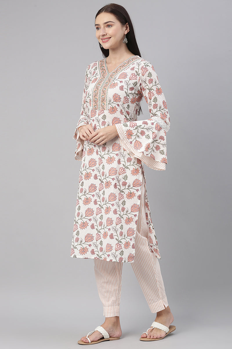 White Cotton Floral Printed Straight Suit Set vkskd1123