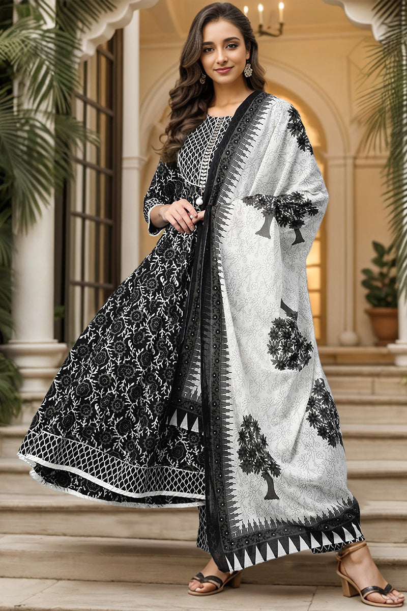 Black White Sequinned Rayon Blend Kurta With Trousers and Dupatta VKSKD1181